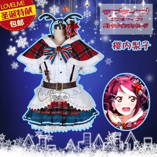 Aqours Love live sunshine! Sakurauchi Riko Christmas Cosplay Costume New Year Dress Shirt+Skirt+Cape+Headdress+Belt+Gloves+Socks