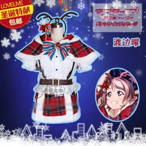 Aqours Love live sunshine! Watanabe You Christmas Cosplay Costume New Year Uniform Outfit Shirt+Skirt+Cape+Headdress+Gloves+Sock