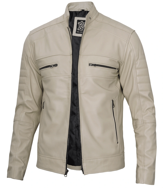 Beige Men Cafe Racer Real Leather Jacket