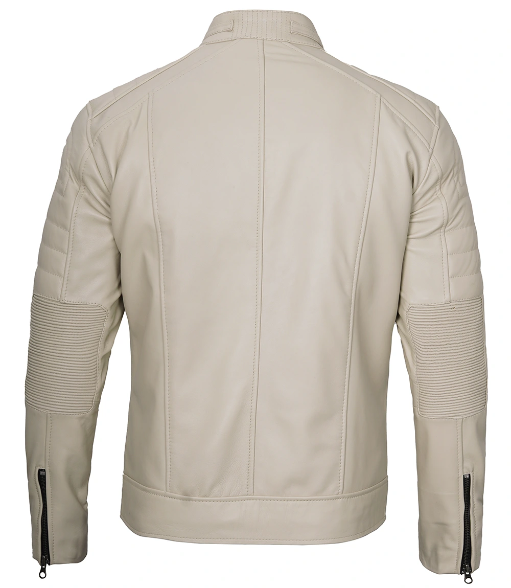 Beige Men Cafe Racer Real Leather Jacket