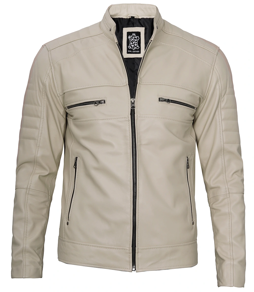 Beige Men Cafe Racer Real Leather Jacket