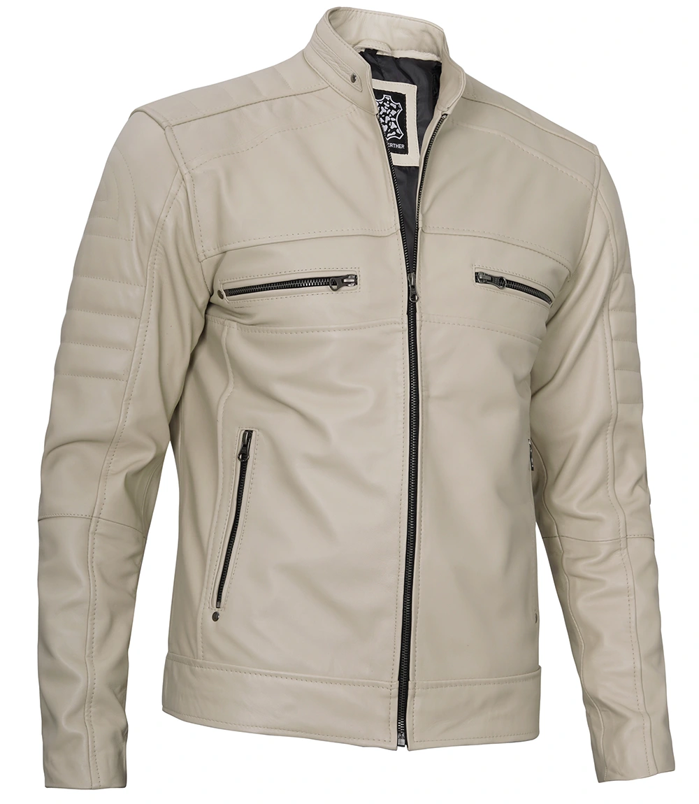 Beige Men Cafe Racer Real Leather Jacket