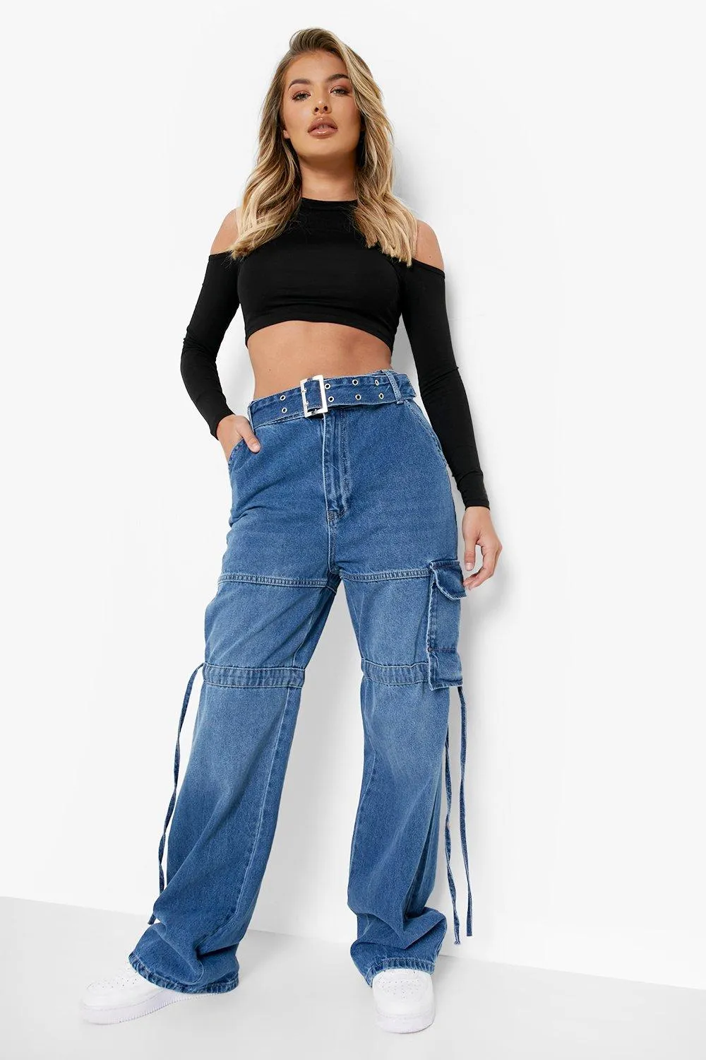 Belted Denim Cargo Jeans