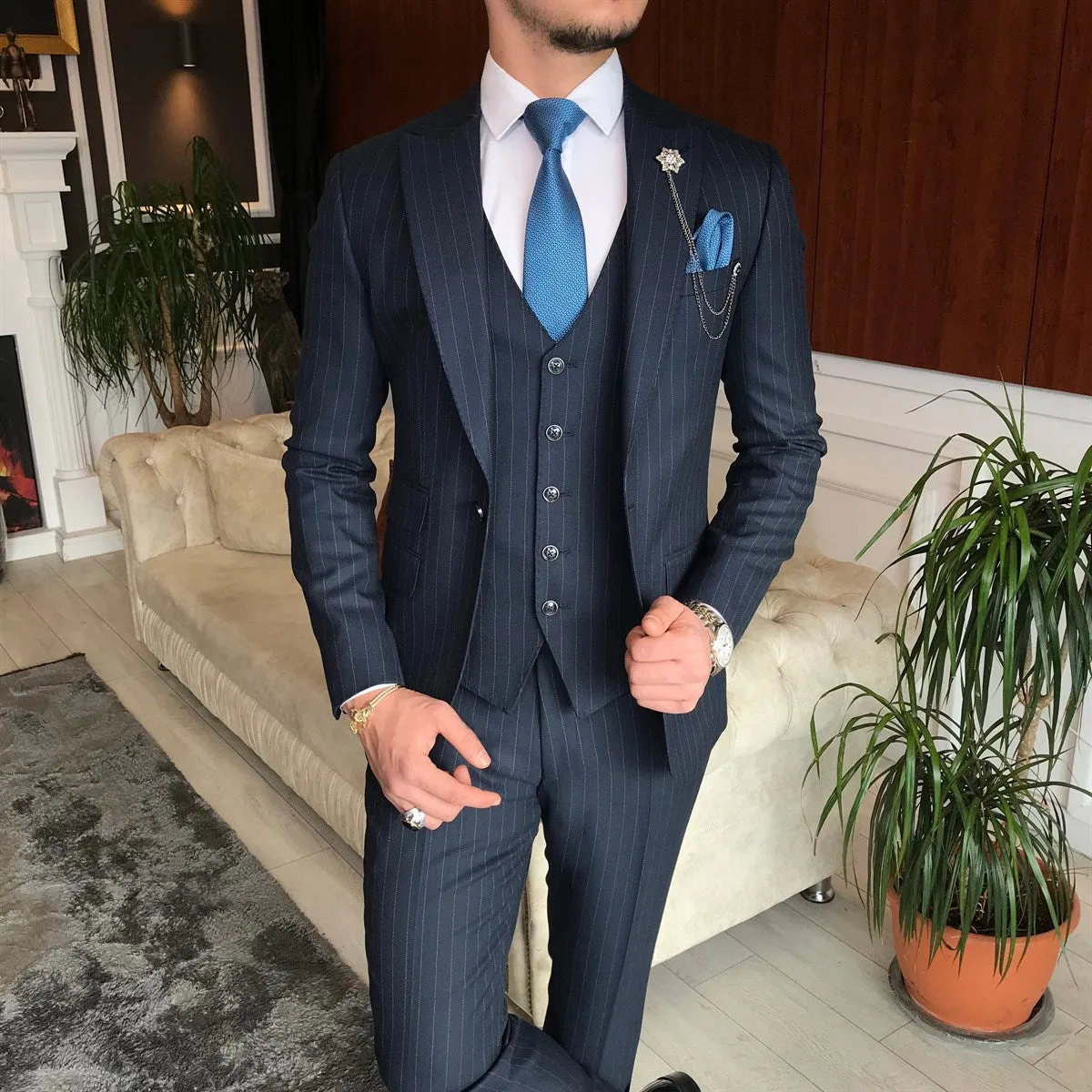 Bojoni Navy Striped Slim-Fit Suit 3-Piece