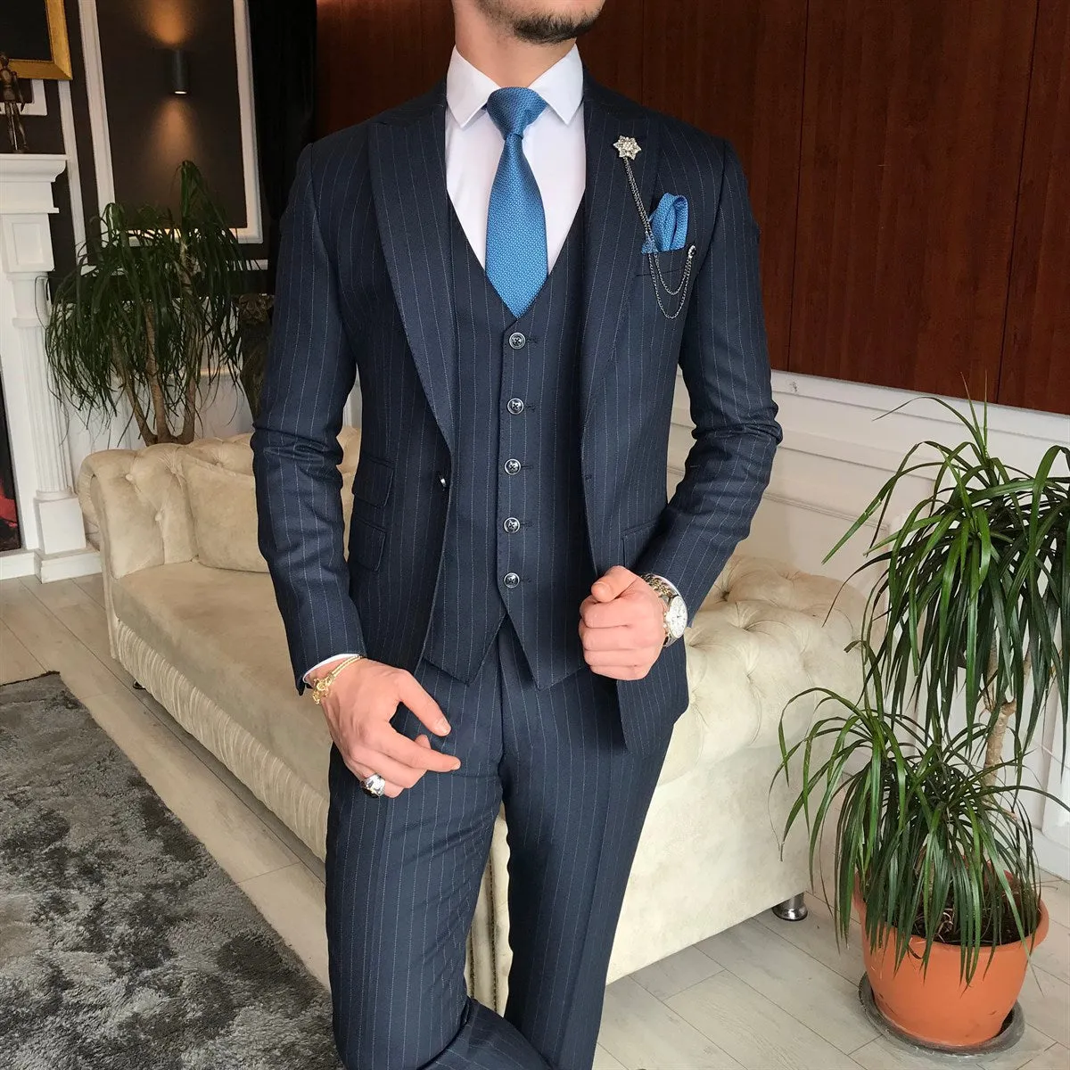 Bojoni Navy Striped Slim-Fit Suit 3-Piece