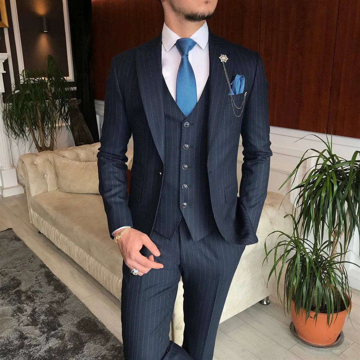 Bojoni Navy Striped Slim-Fit Suit 3-Piece