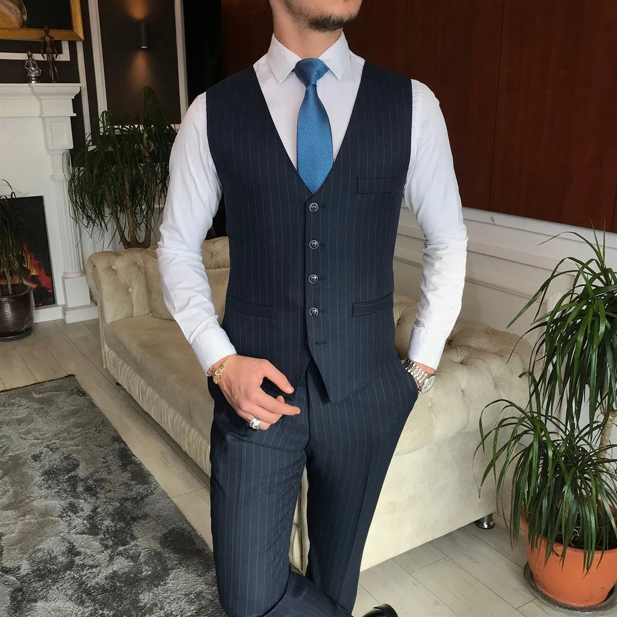 Bojoni Navy Striped Slim-Fit Suit 3-Piece