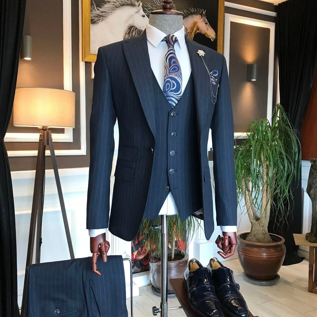 Bojoni Navy Striped Slim-Fit Suit 3-Piece