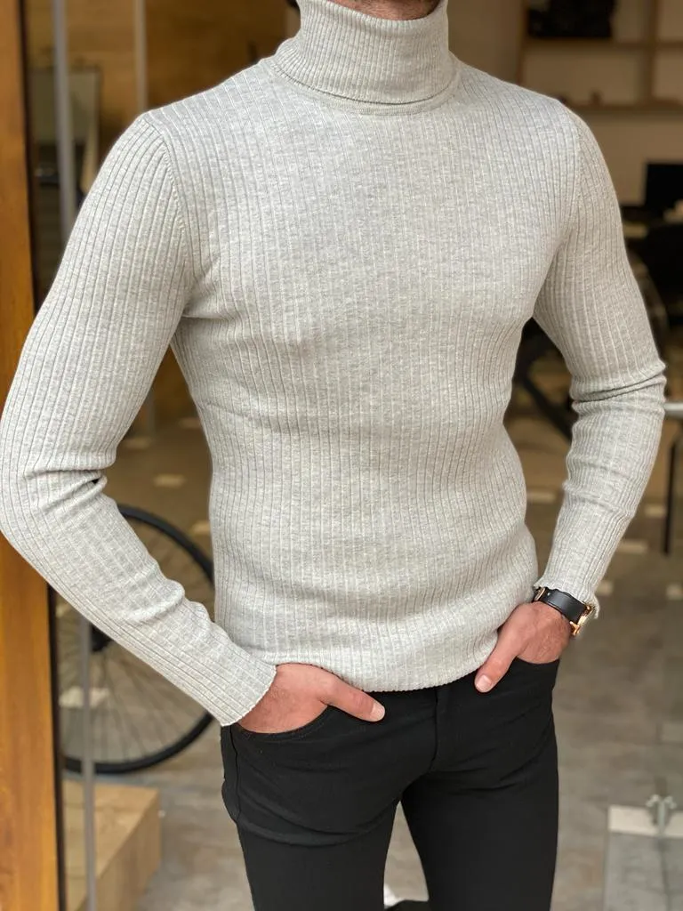 Bojoni Stefano Gray Slim Fit Striped Turtleneck Sweater