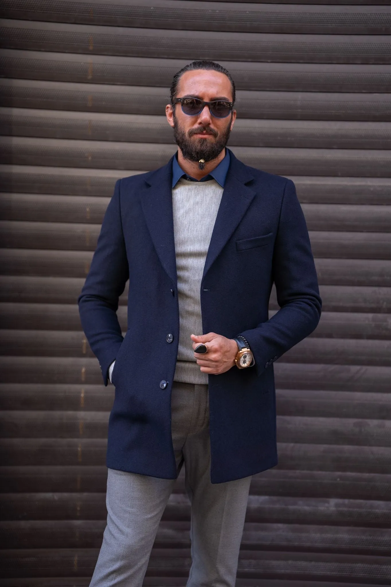 Brabion Navy Blue Slim Fit Single Breasted Long Coat