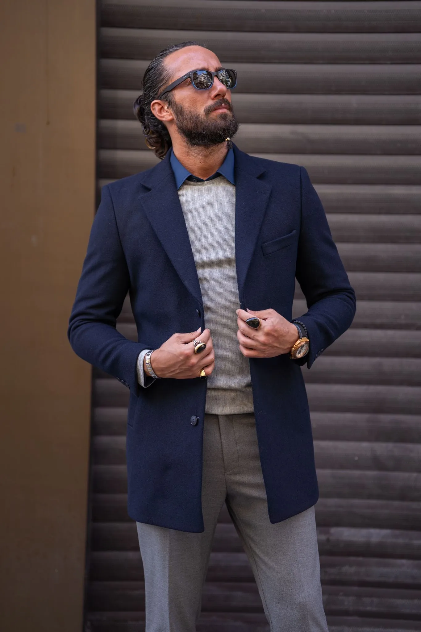 Brabion Navy Blue Slim Fit Single Breasted Long Coat