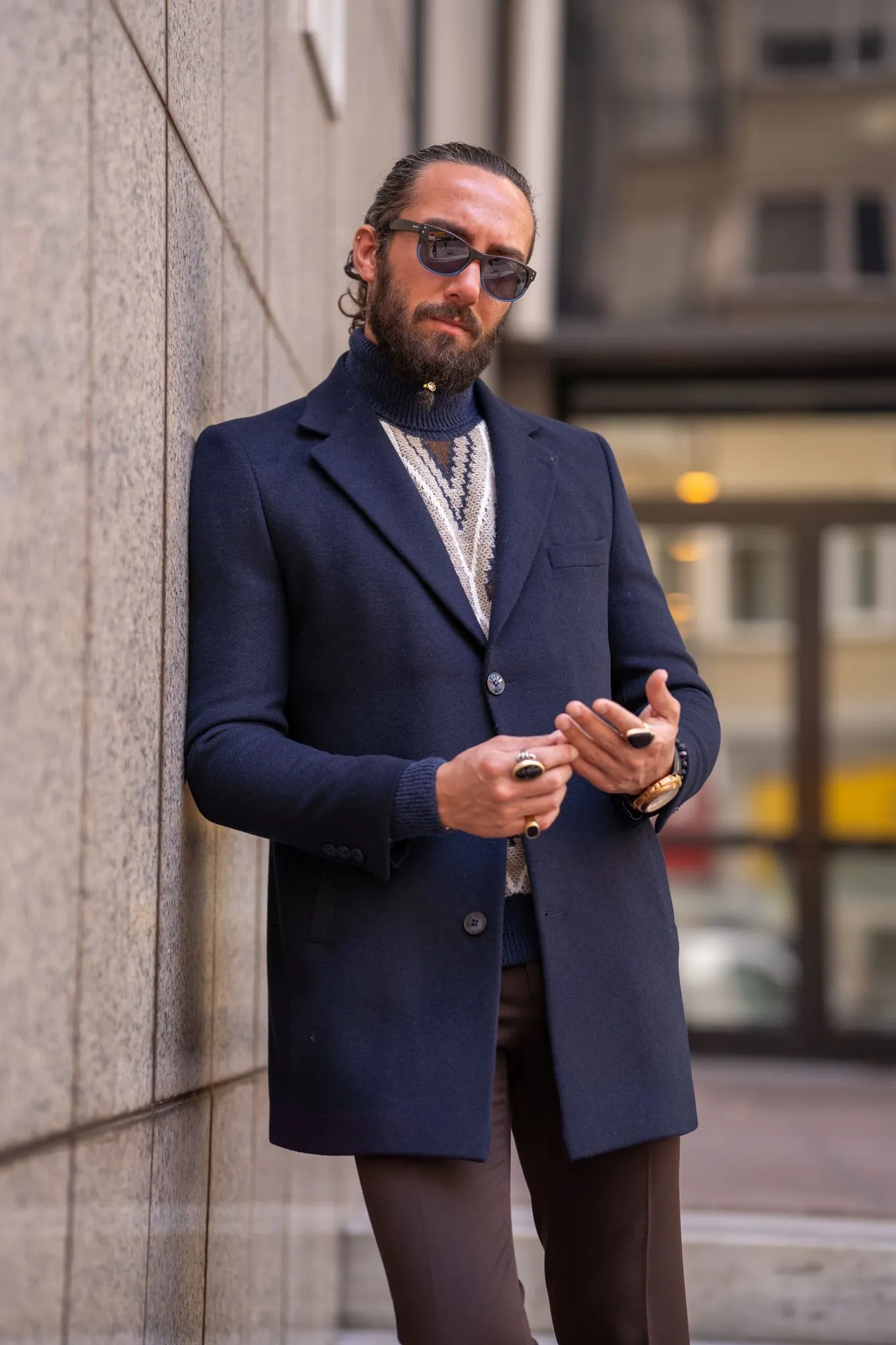 Brabion Navy Blue Slim Fit Single Breasted Long Coat