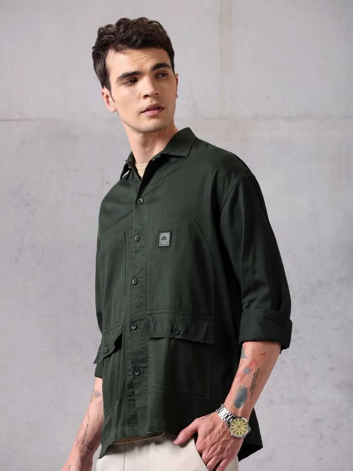 Buy Dark Olive Green Solid Cotton Twill Shirt for Men Online in India -Beyoung