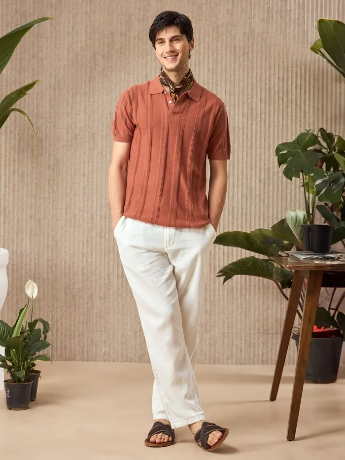 Buy Rust Brown Flat Knit Solid Polo T-Shirt For Men Online in India - Beyoung