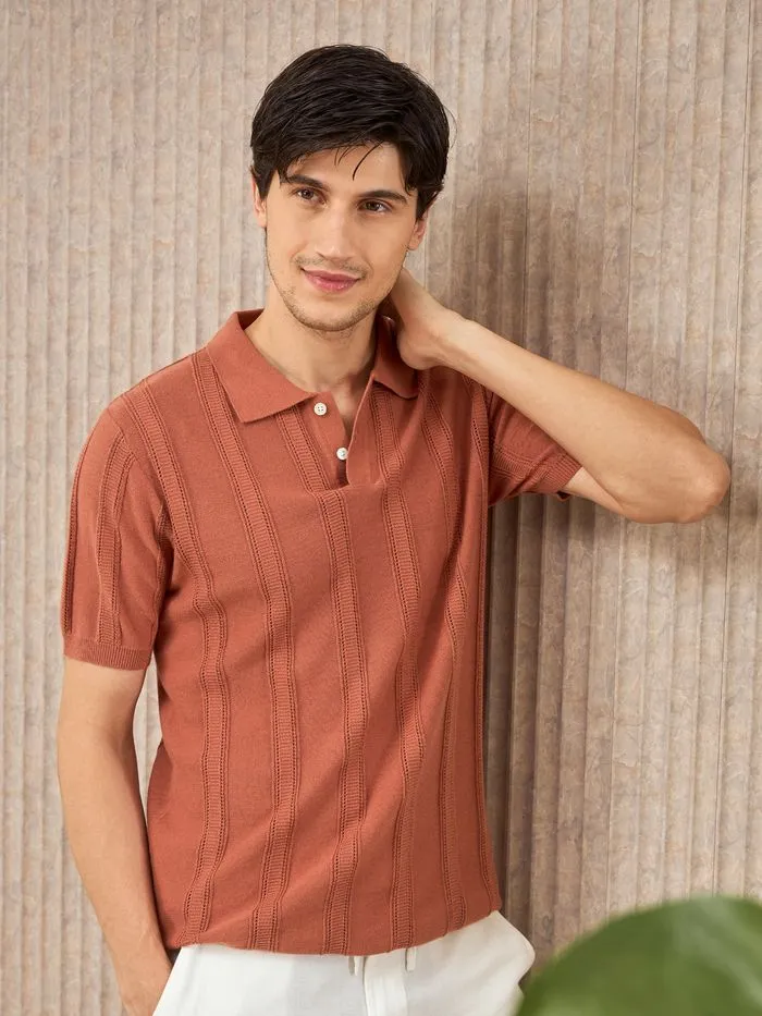 Buy Rust Brown Flat Knit Solid Polo T-Shirt For Men Online in India - Beyoung