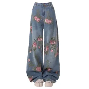 Cottagecore Rose Print Wide Jeans