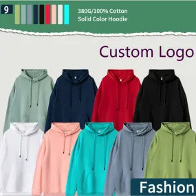 cotton unsex high quality solid color hoodies customized logo 9 colors