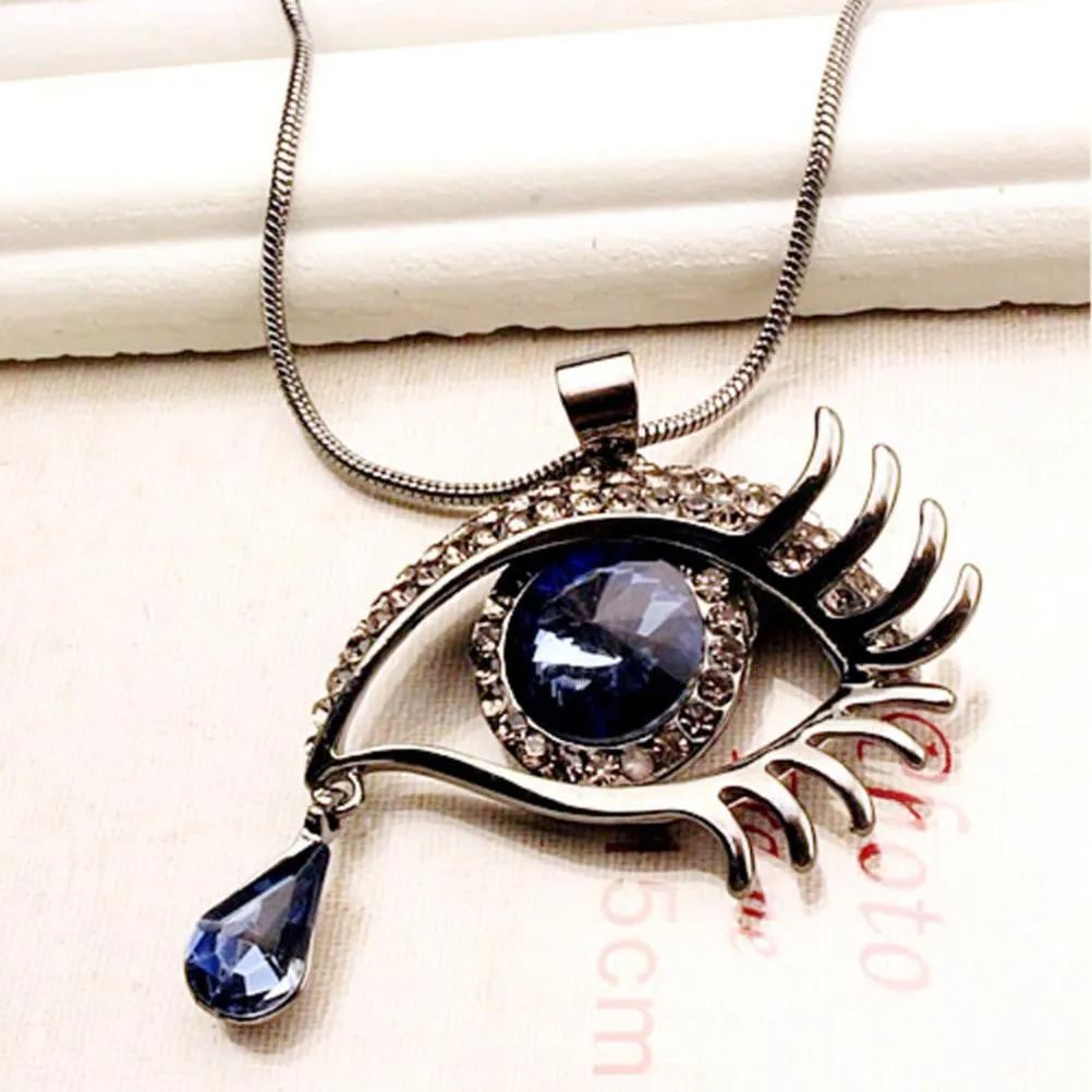 Deep Blue Evil Eye Hamsa Magic Long Chain Sweater Necklace Crystal Rhinestone Teardrop Pendant Necklace SM6