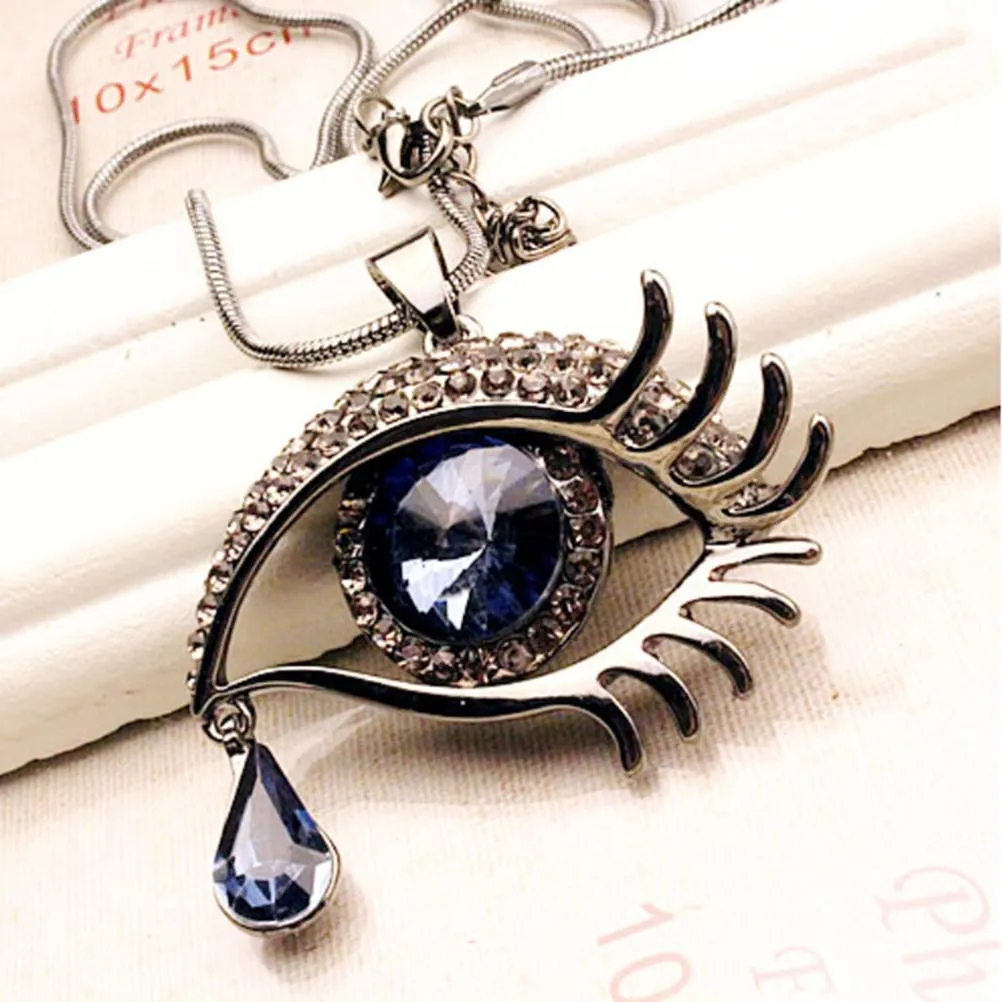 Deep Blue Evil Eye Hamsa Magic Long Chain Sweater Necklace Crystal Rhinestone Teardrop Pendant Necklace SM6