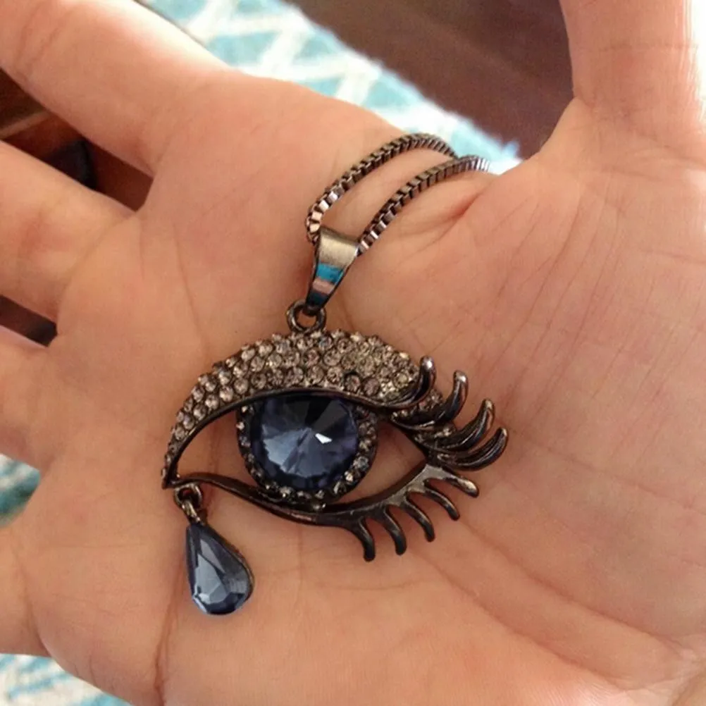 Deep Blue Evil Eye Hamsa Magic Long Chain Sweater Necklace Crystal Rhinestone Teardrop Pendant Necklace SM6