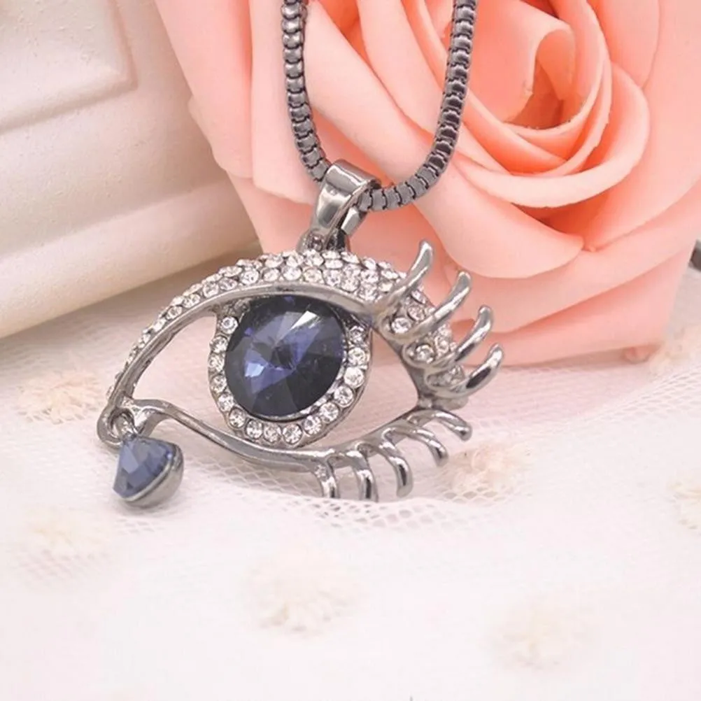 Deep Blue Evil Eye Hamsa Magic Long Chain Sweater Necklace Crystal Rhinestone Teardrop Pendant Necklace SM6