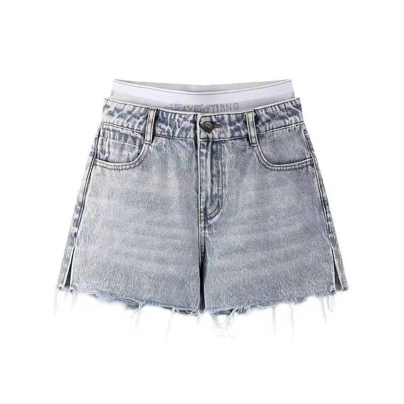 Denia Denim Blue High Waist Faux Boxer Design Jeans Shorts