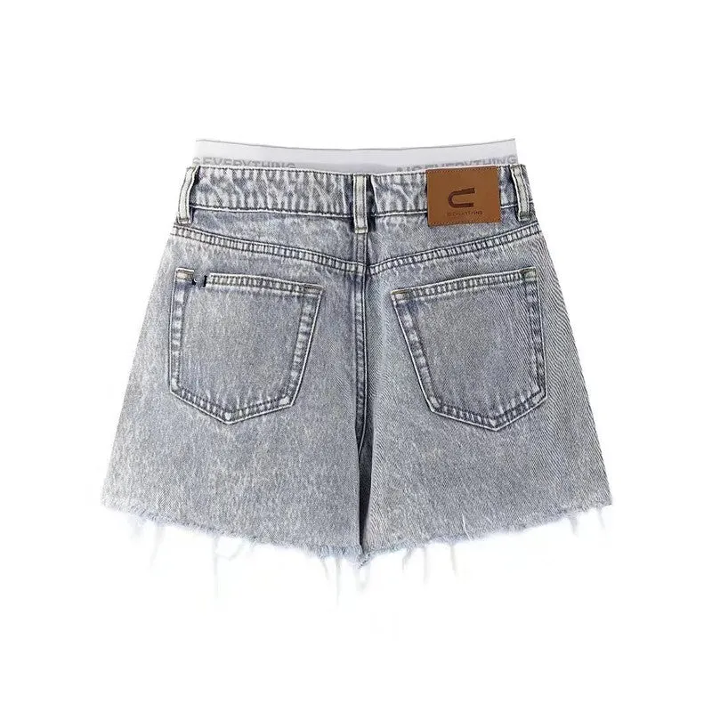 Denia Denim Blue High Waist Faux Boxer Design Jeans Shorts