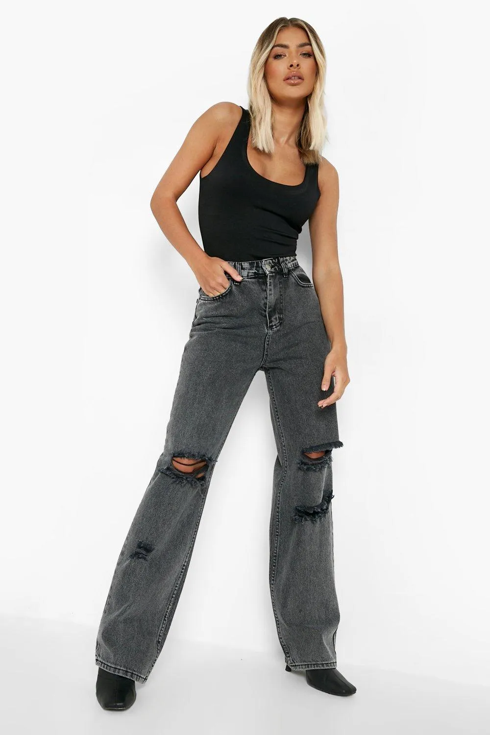 Distressed High Waist Straight Leg Jeans