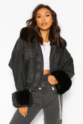 Faux Fur Trim Oversized Denim Jacket