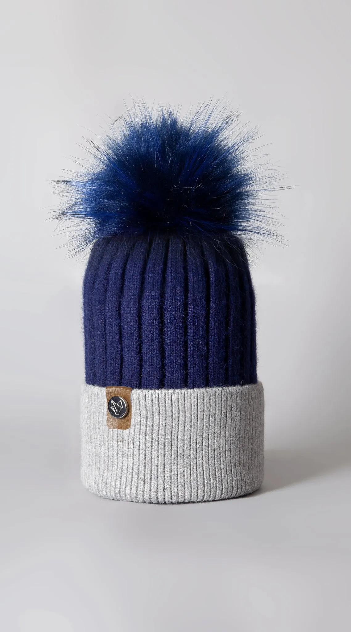 Faux Harley Pom Pom Hat - Navy/Grey