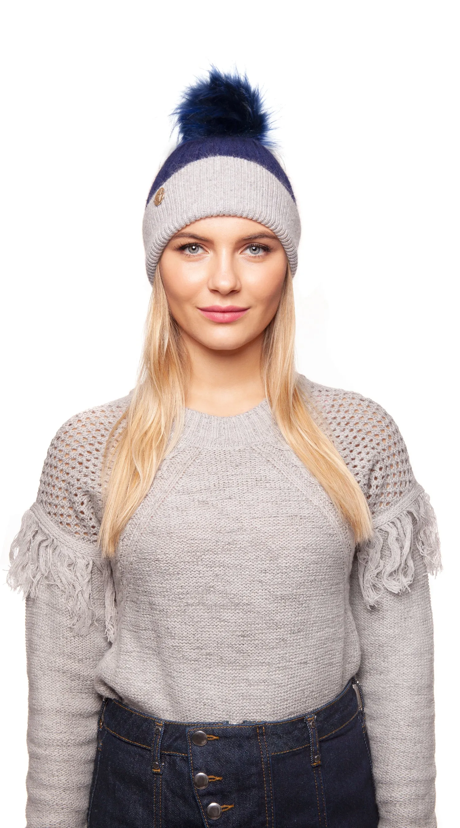 Faux Harley Pom Pom Hat - Navy/Grey