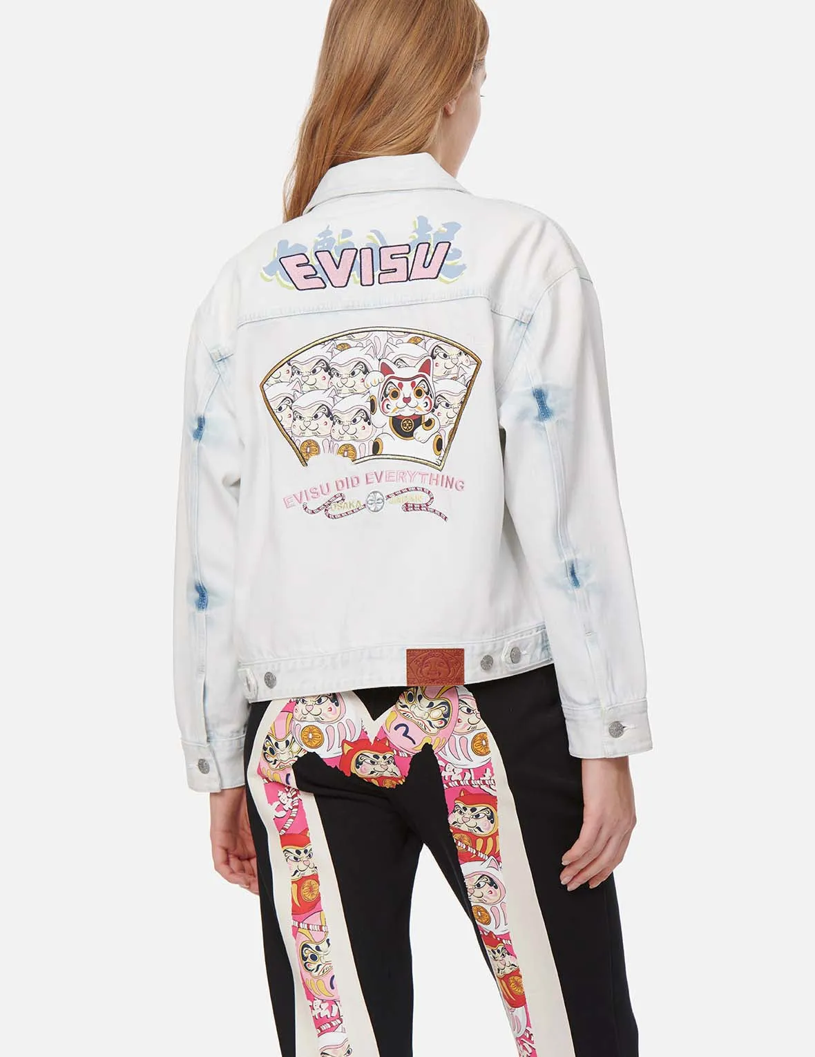 Fortune Cat with Daruma Print Denim Jacket