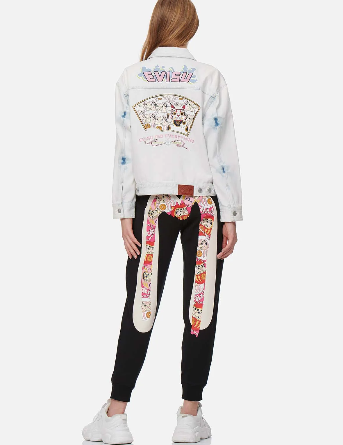 Fortune Cat with Daruma Print Denim Jacket