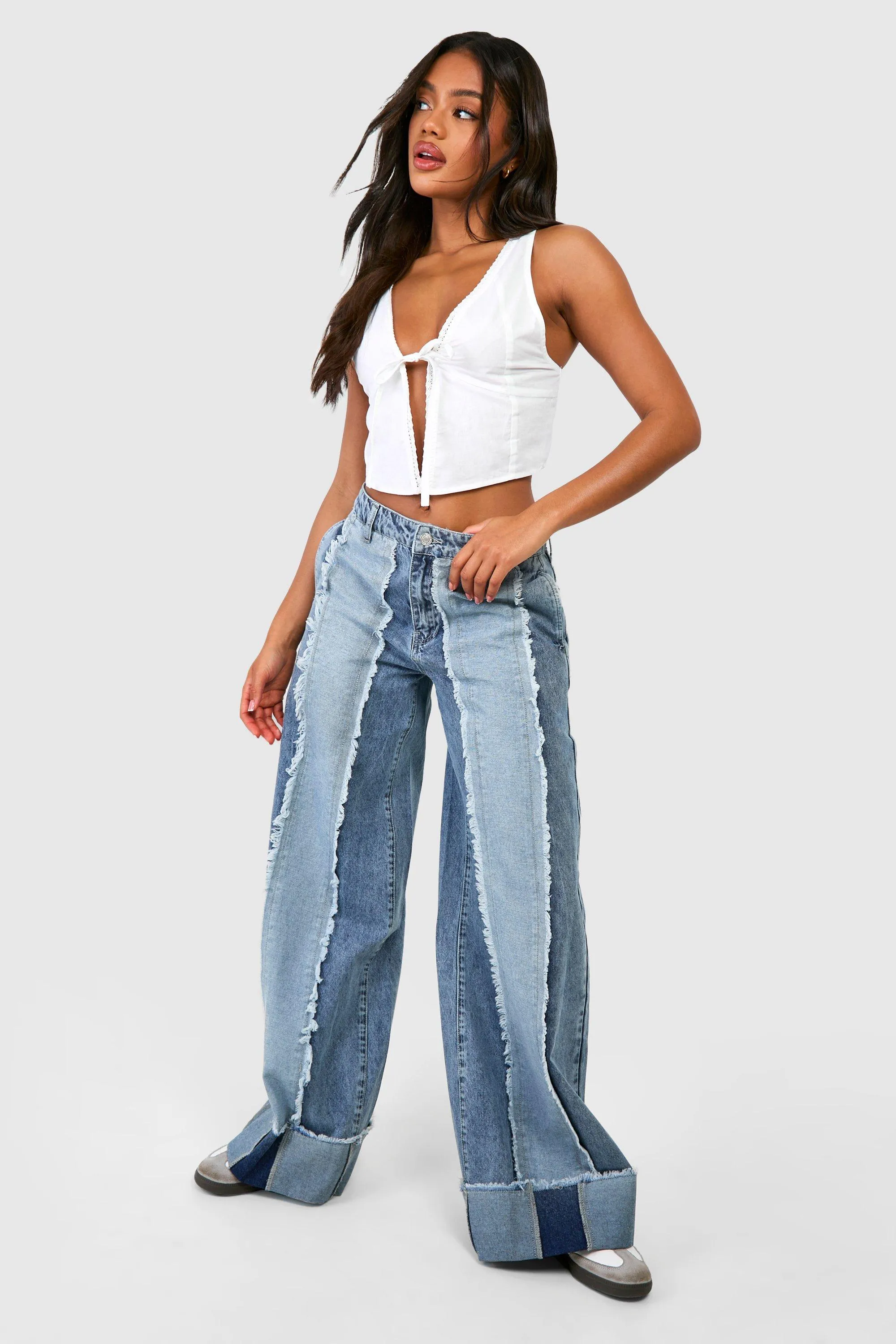 Fray Seam Patchwork Jeans With Turn Up Hem