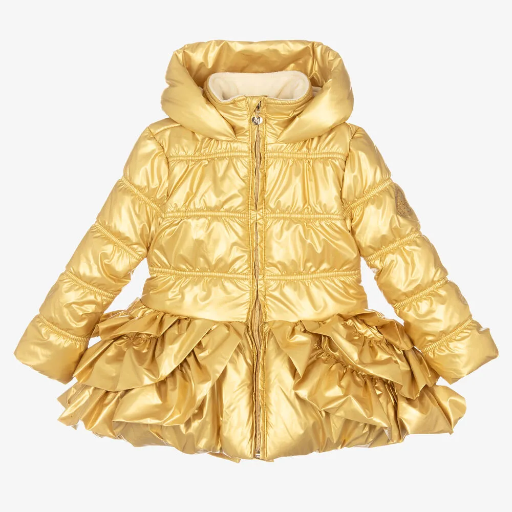 Girls Gold Ruffle Hooded Coat