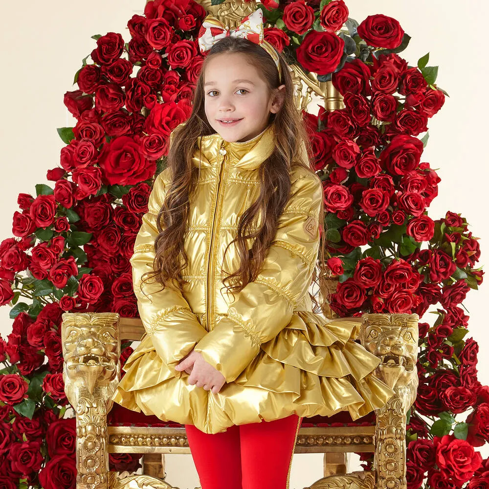 Girls Gold Ruffle Hooded Coat