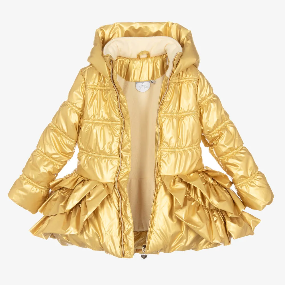 Girls Gold Ruffle Hooded Coat