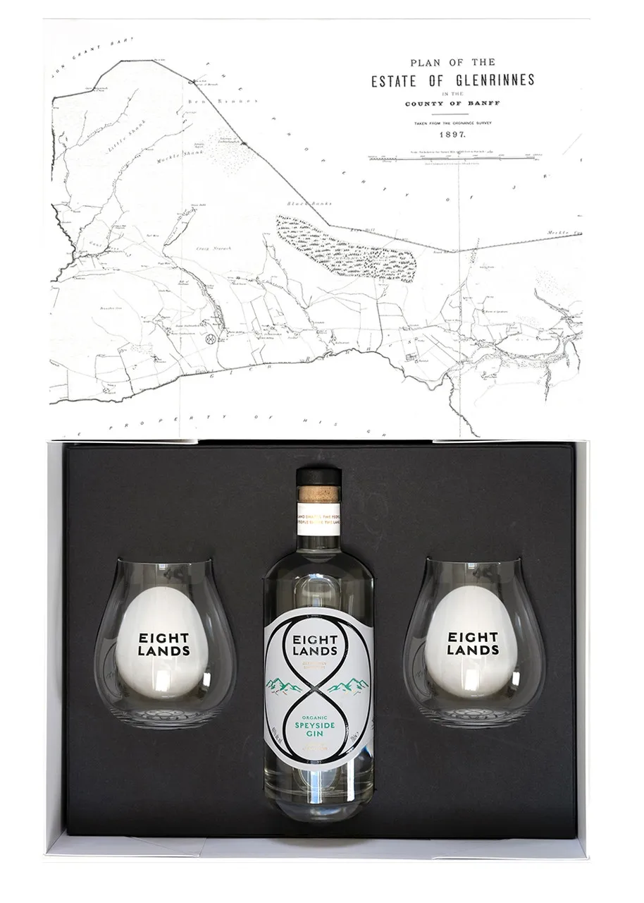 GLENRINNES Eight Lands Organic Speyside Gin & Riedel Glasses Gift Box -                         -                     -     