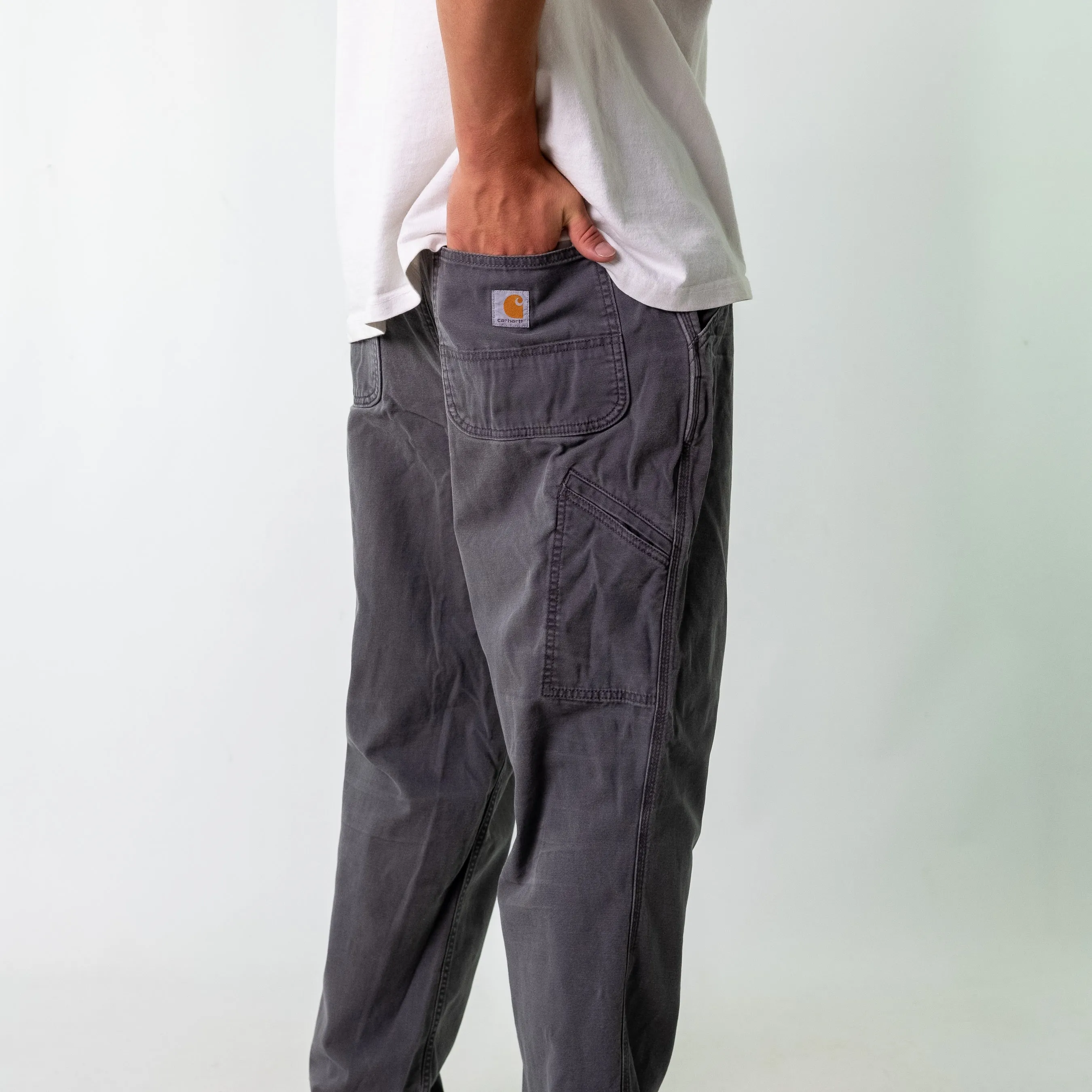 Grey 90s Carhartt Canvas Carpenter Jeans Baggy Pants (38x30)