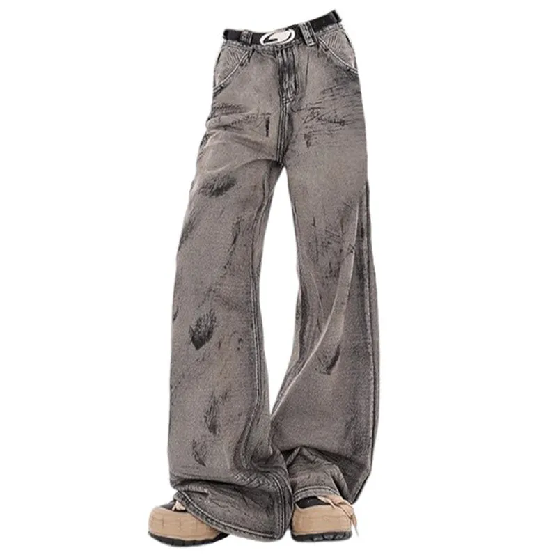 Grunge Aesthetic Wide-Leg Jeans in Grey