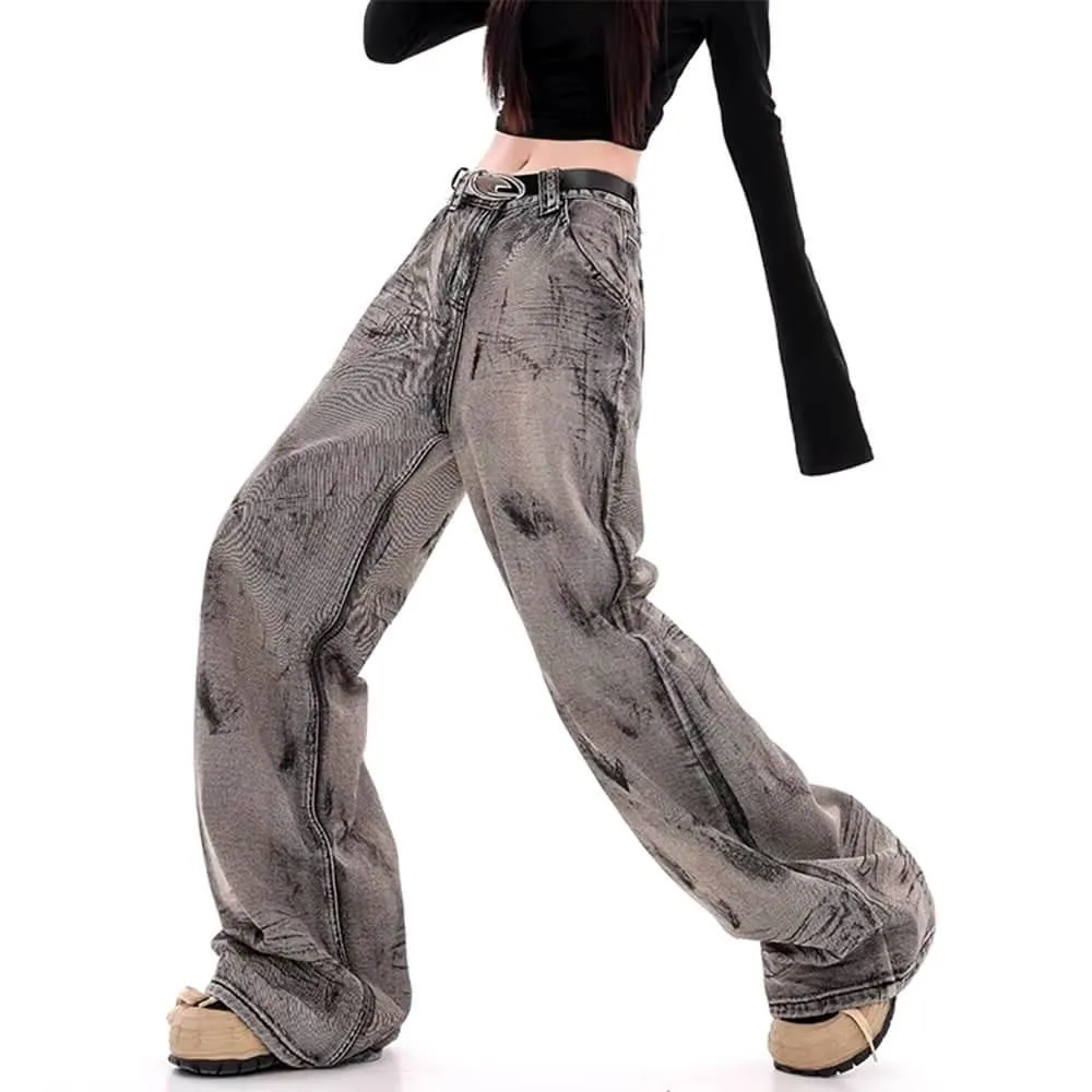 Grunge Aesthetic Wide-Leg Jeans in Grey