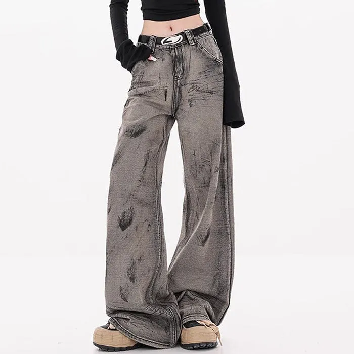 Grunge Aesthetic Wide-Leg Jeans in Grey