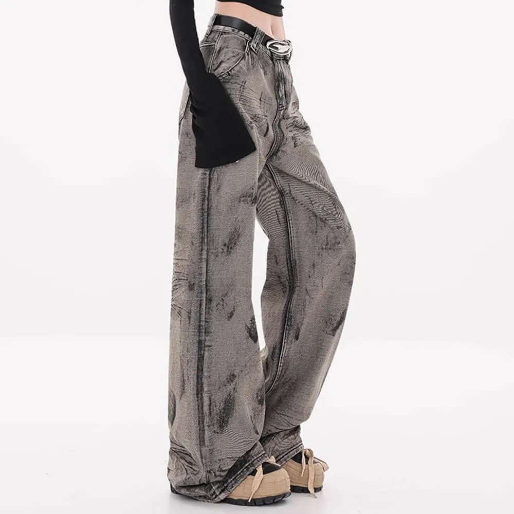 Grunge Aesthetic Wide-Leg Jeans in Grey