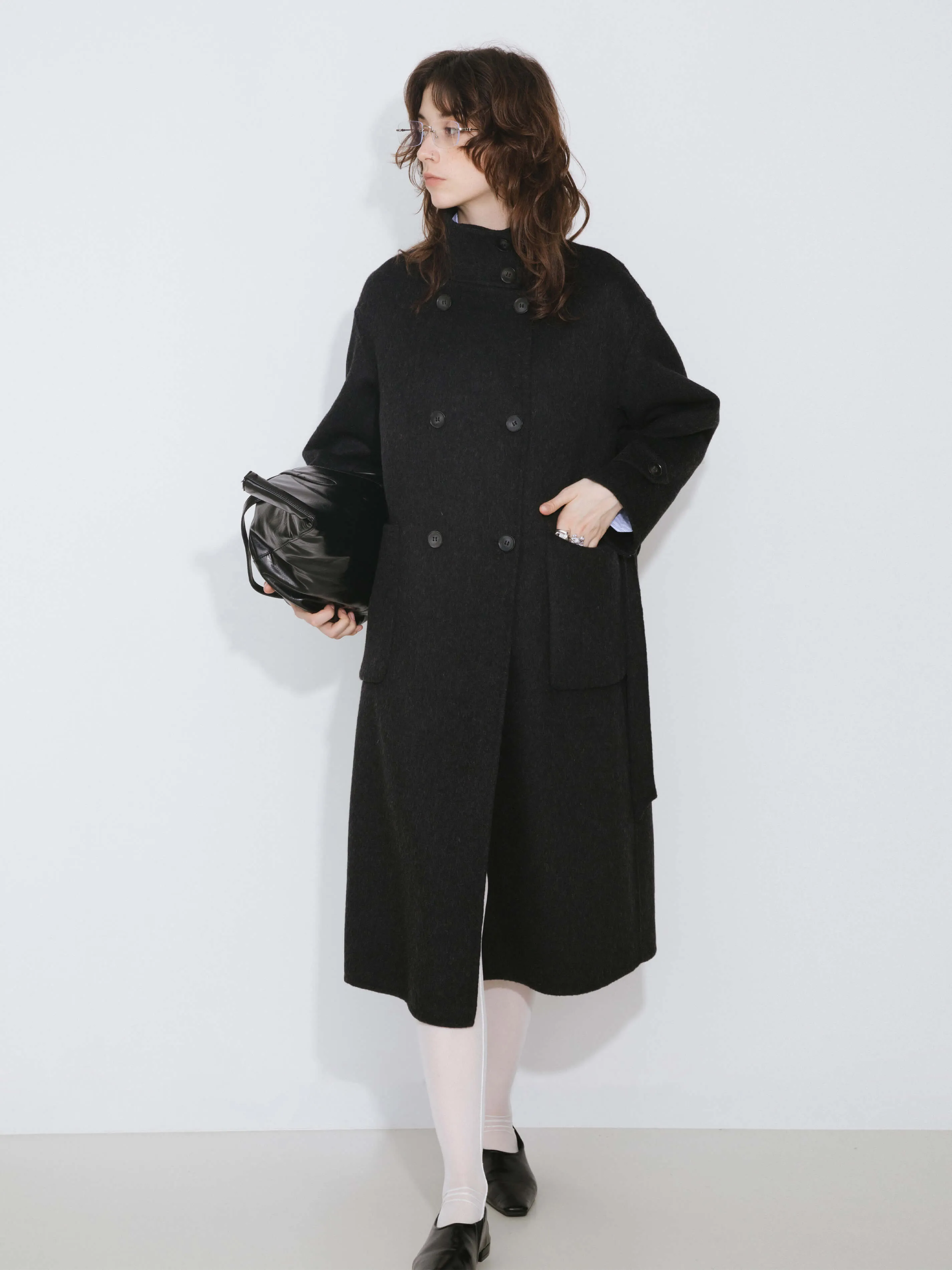 High Collar Tailored Wool Long Coat