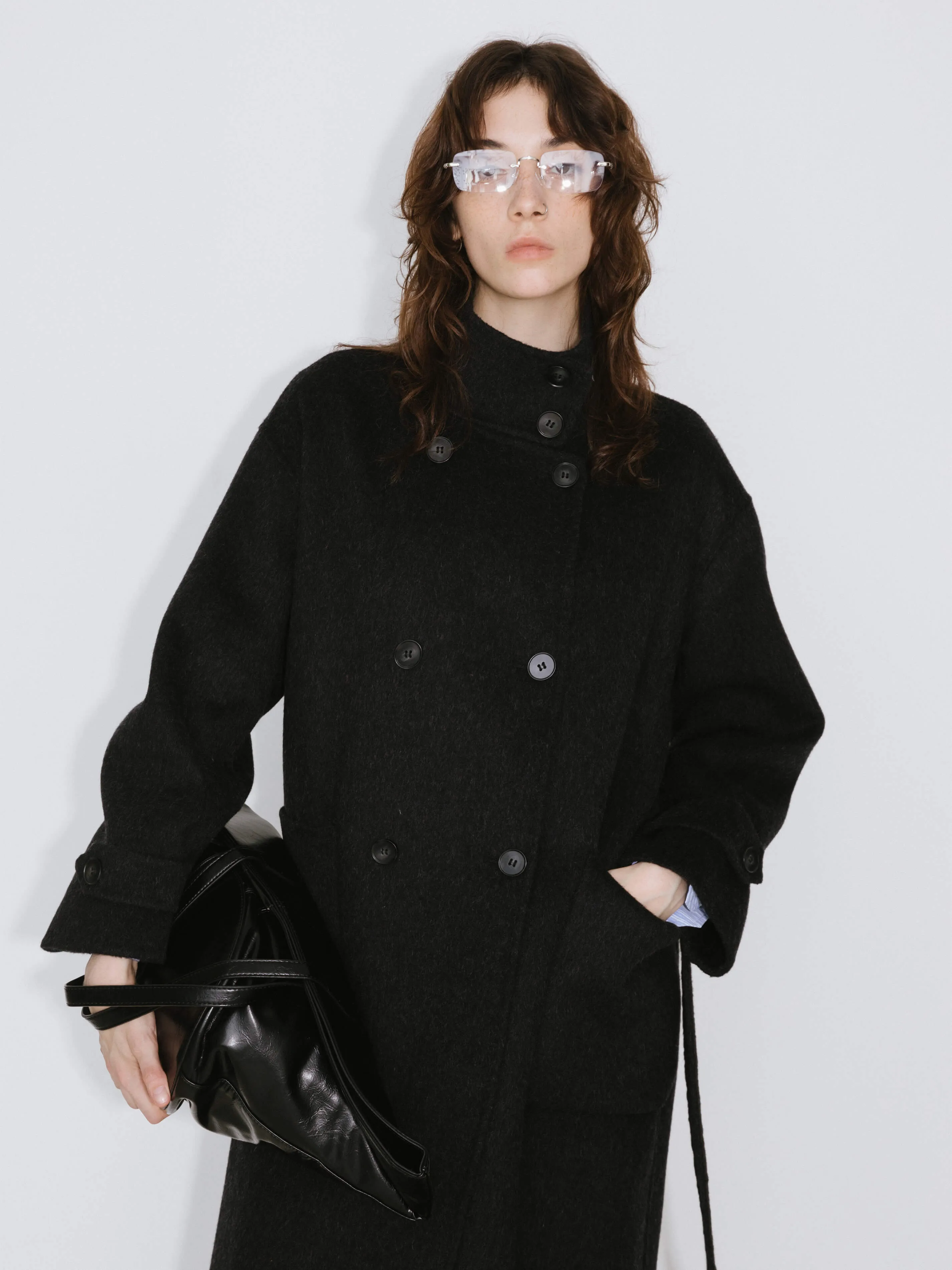 High Collar Tailored Wool Long Coat