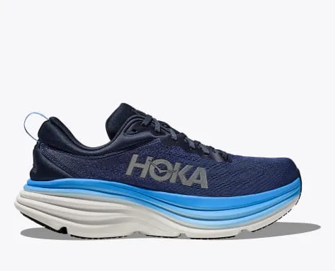 Hoka Men's Bondi 8 Cushioned Road Running Shoe in Outer Space/All Abroad, Goblin Blue/Mountain Spring,  & Black/White Available 