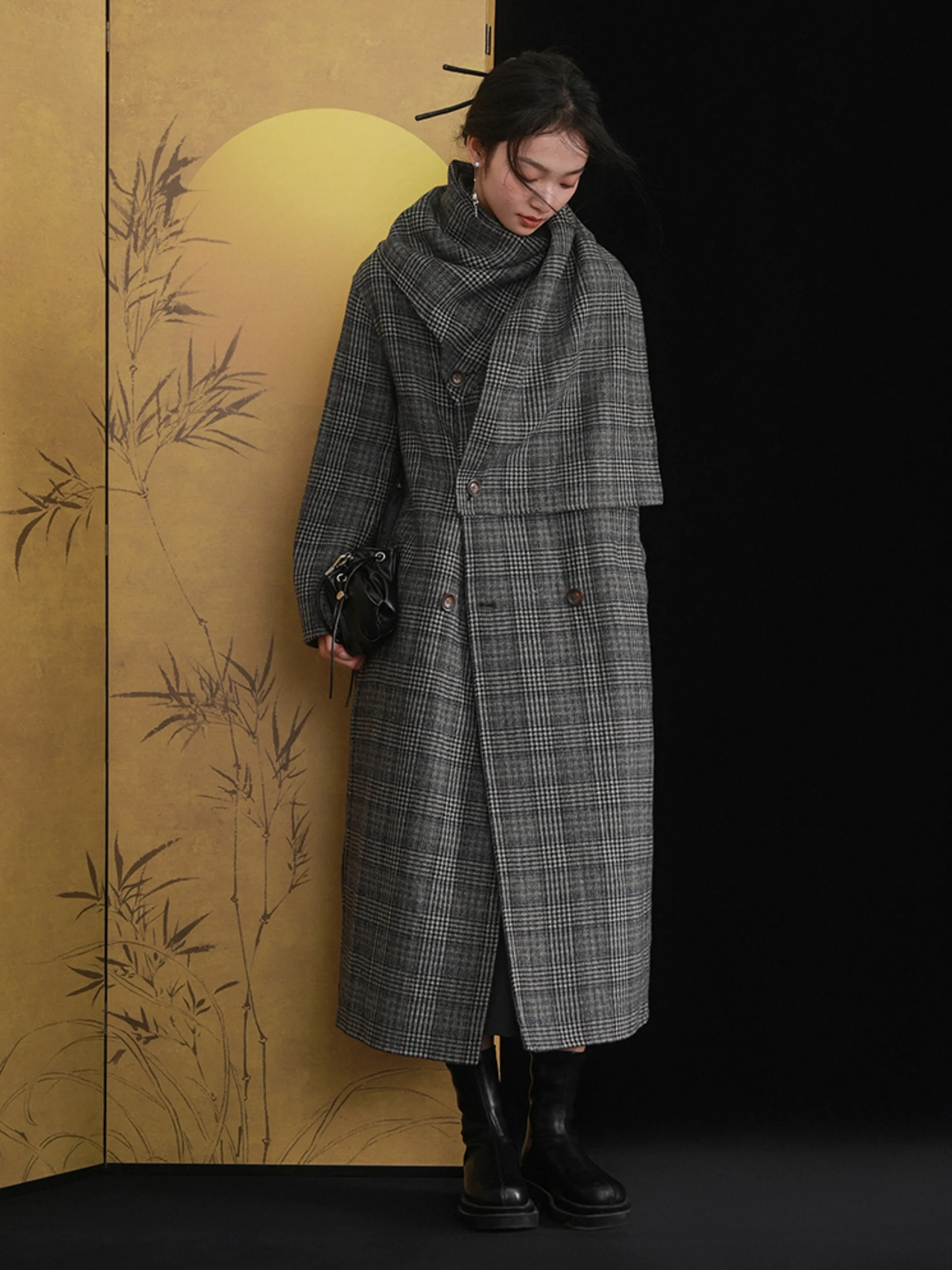 Houndstooth Stole Design Woolen Coat