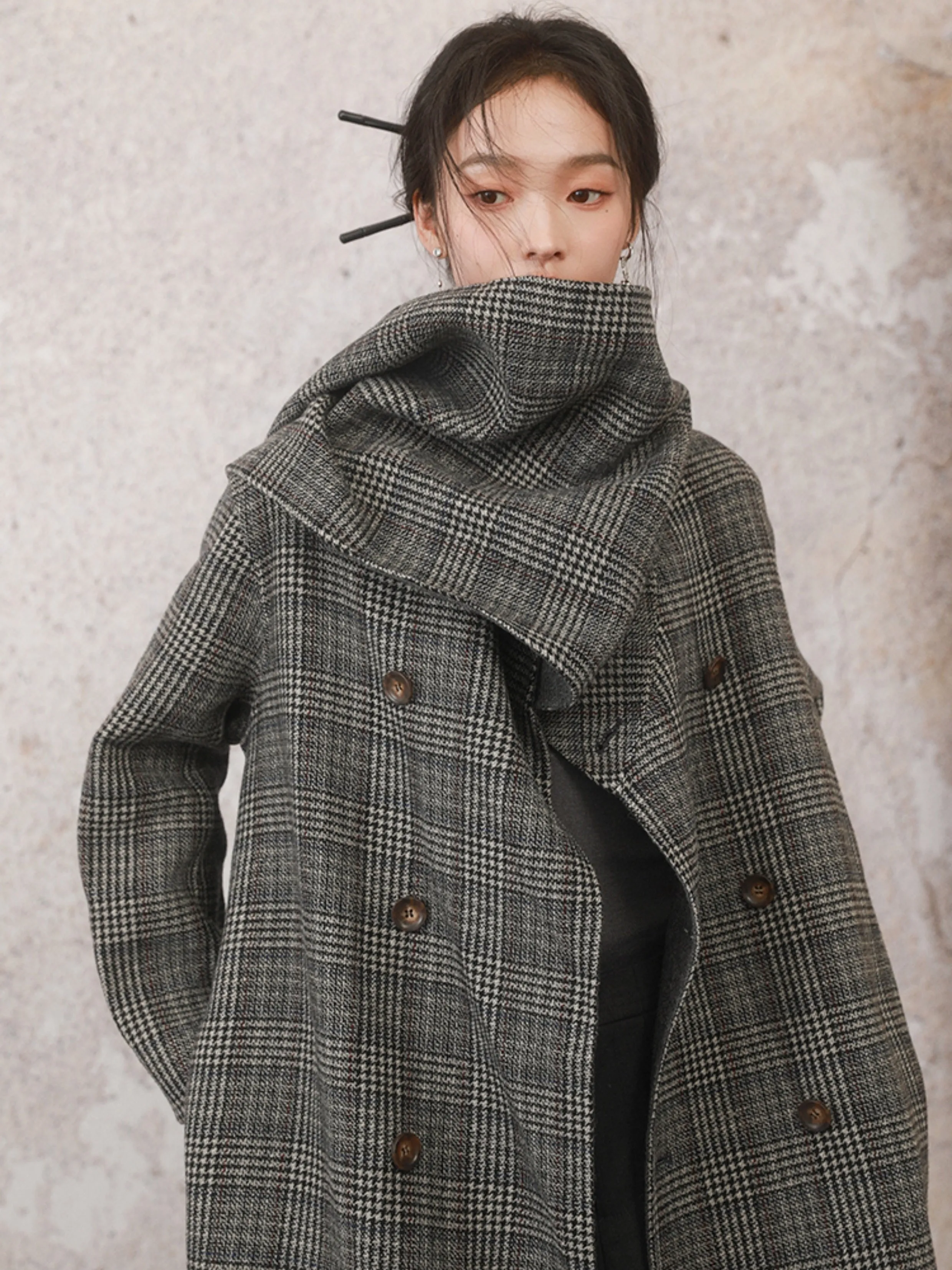 Houndstooth Stole Design Woolen Coat