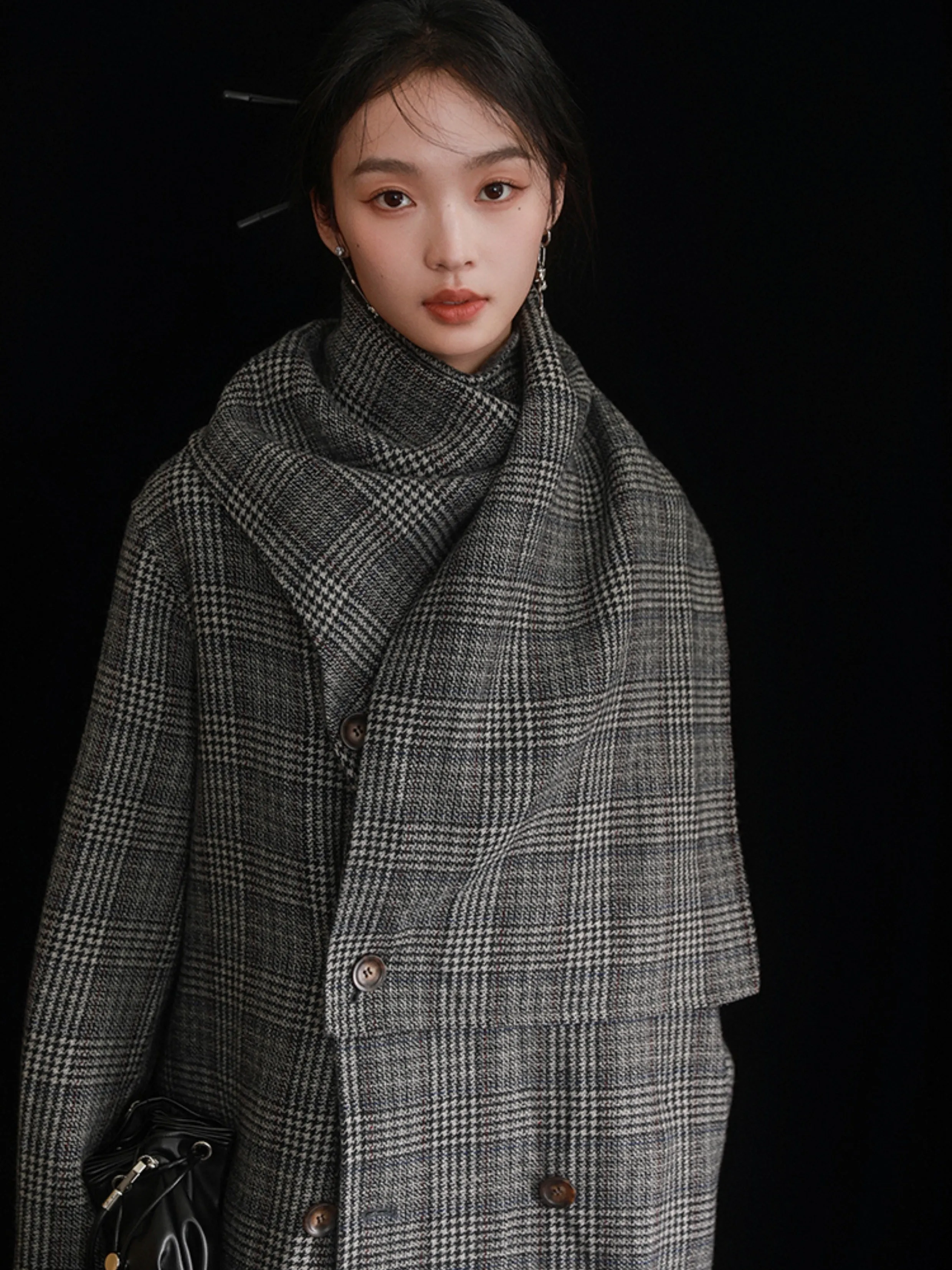 Houndstooth Stole Design Woolen Coat