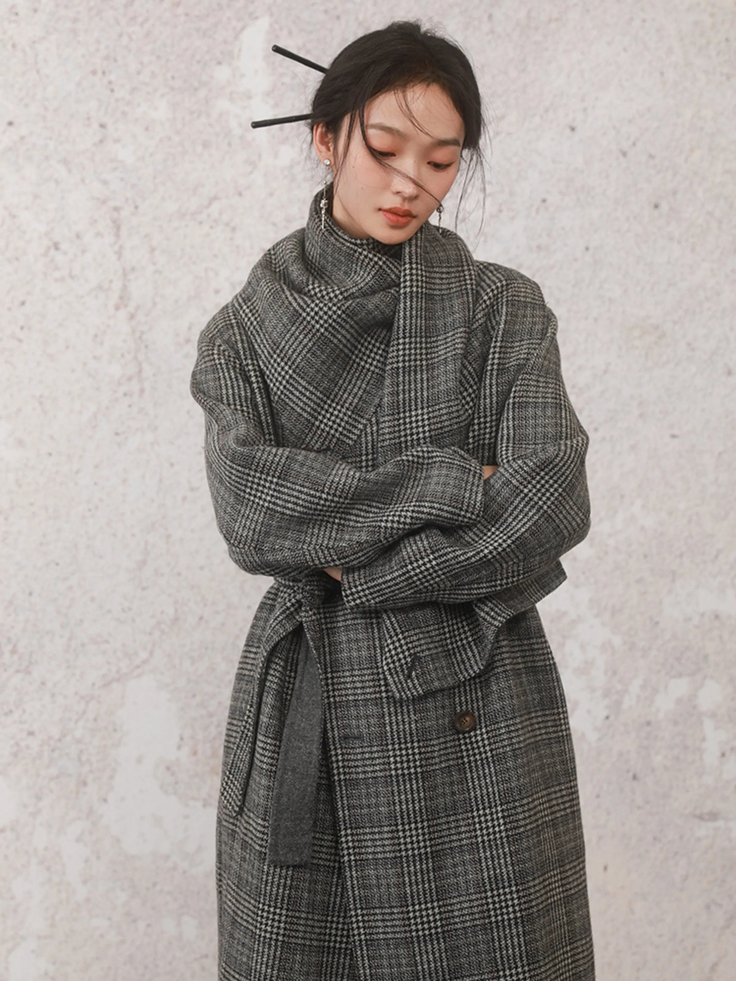 Houndstooth Stole Design Woolen Coat